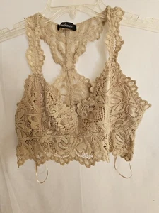 Ambiance Lace Racerback Bralette Tan Beige Wireless Crop Top Size Medium - Picture 1 of 3