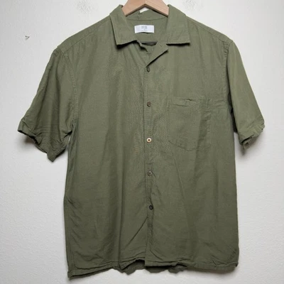 Uniqlo Men Camp Linen Shirt XS Green Utility Button Front Short Sleeve Preppy - Image 1 of 4