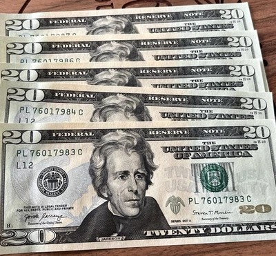 New Uncirculated TWENTY Dollar Bills $20 Series 2017C Sequential Notes LOT of 5 - Image 1 of 4