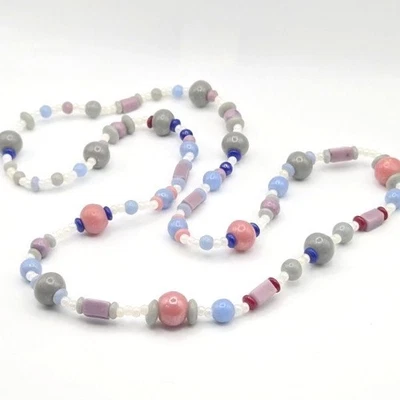 Handmade Glass and Stone Beaded Vintage Necklace Multi Color Pastel Beads - Image 1 of 4