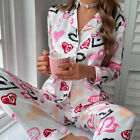 Womens Printed Pyjamas Set SATIN PJ Set Button Up Ladies Loungewear Size 6-20
