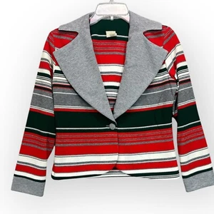 Vintage 70s Womens 10 Blazer Jacket USA Red Green White Gray Striped Big Collar - Picture 1 of 14