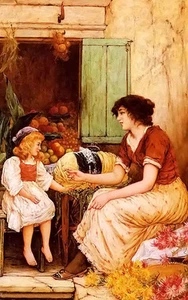 Kunst Ölgemälde Oliver Rhys eine junge Klöpplerin Mutter mit Tochter Mädchen Leinwand - Bild 1 von 1