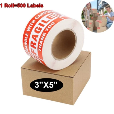 Adesivo grande manico 3x5" con cura fragile grazie rosso avvertimento etichetta spedizione - Immagine 1 di 4