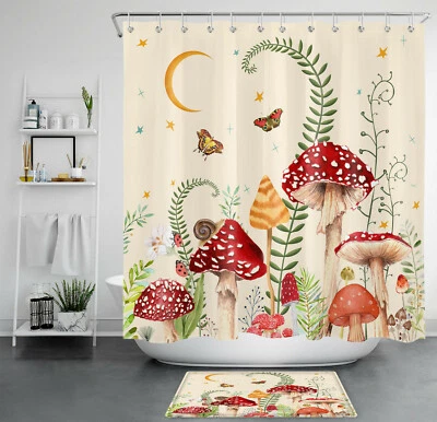 Nature Wild Red Mushroom Green Plants Shower Curtain Bathroom Accessories Set - Image 1 of 4