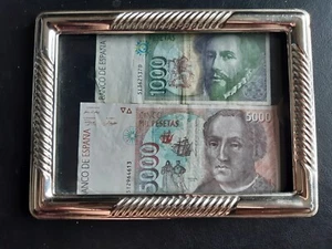 2 x Bank Notes from Spain : 1000 and 5000 Pesetas Framed - Picture 1 of 6