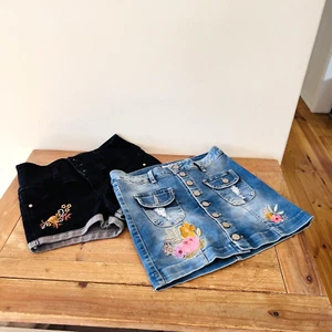Kids Denim Skirt & Shorts Size 12-14 Youth Girls Blue Black Embroidered Stretch - Picture 1 of 23