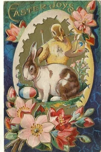 Antique Easter Joys Duckling Rabbit Bunny Embossed Colorful Floral Postcard - Picture 1 of 1