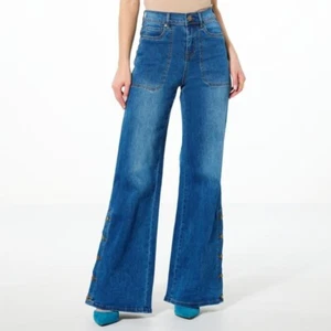 DG2 Diane Gilman New Classic Stretch Denim Side Snap Wide Leg Jean Size 0 Blue - Picture 1 of 9