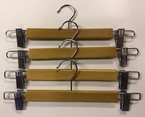 Set Of 4 Wooden Pants Skirt Hangers Adjustable Non-Slip Clips - Picture 1 of 4