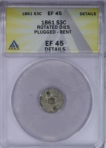 1861 Three Cent Silver 3CS ANACS EF45 XF45 Details - Picture 1 of 4