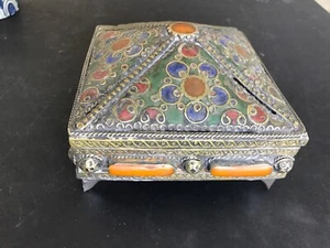 ANTIKE BEMALTE ZINNDOSE AUS ASIEN 5" X 5" 2" HOCH BAKELIT - Bild 1 von 6