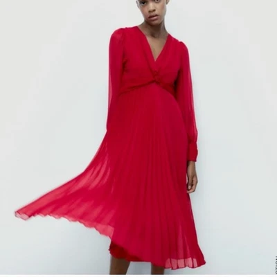 Zara Hot Pink Pleated Chiffon Maxi Dress Size Small - Image 1 of 4