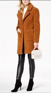 French Connection Coat Womens Medium Cognac Teddy Faux Sherpa Collar F26872 - Picture 1 of 6