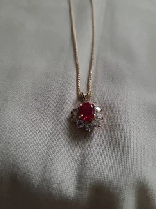 9ct Solid Gold Spiga Necklace With Diamonds & Ruby Pendant 18inch - Picture 1 of 4