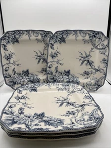 222 FIFTH ADELAIDE BLUE Square Dinner  Plate Set of 5 Flowers And Bird 10 7/8” - Picture 1 of 7