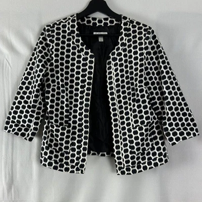 Chaqueta Blazer Dressbarn Mujer Talla S Lunares Frente Abierto Negra Blanca Manga 3/4 Foto 1 de 4