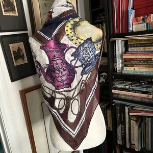 Talbots Teapots & Cups Scarf Large 44" Sq Multicolor Wrap Shawl Modal Classic - Picture 1 of 8