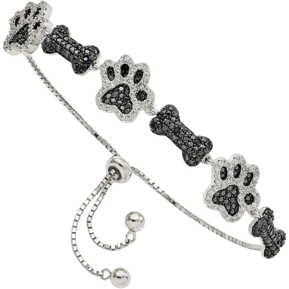 925 Sterling Silver CZ Paw Print Pet Dog Bone Adjustable Wrap Charm Bracelet - Image 1 of 4
