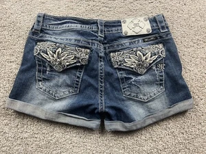 Miss Me Signature Shorts Women Size 31 Blue Distressed Flap Pockets Floral - Picture 1 of 12