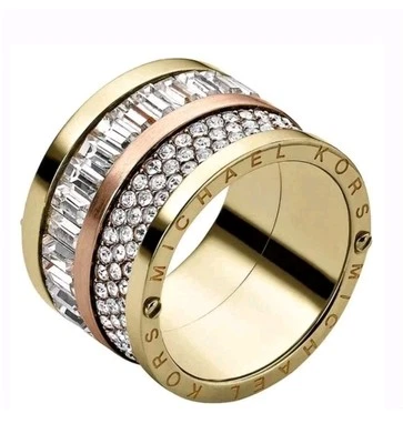 Michael Kors Brilliance Pave Baguette Barrel Ring $115 Two Tone Gold SZ 8 New - Image 1 of 4