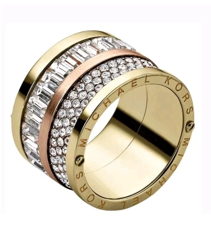 Michael Kors Brilliance Pave Baguette Barrel Ring $115 Two Tone Gold SZ 8 New - Image 1 of 4