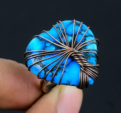 Turquesa tibetana hecha a mano piedras preciosas alambre de cobre envoltura árbol de la vida anillo joyería Foto 1 de 4