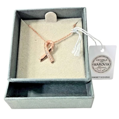 Swarovski Rose Gold Pink Ribbon Awareness Necklace 10" Crystals w/ Box New - Image 1 of 4