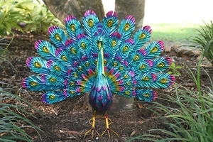 PEACOCK / Metal Garden Decor / Fanned Out Tail / all occasion gift/gorgeous. - Picture 1 of 19