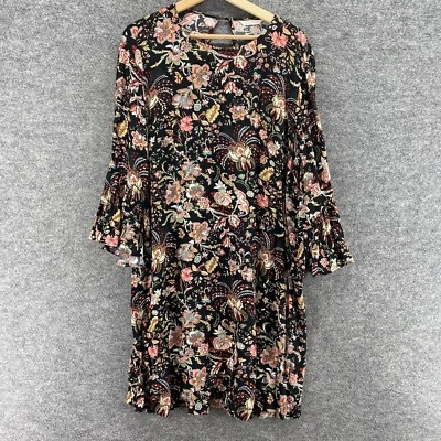 H&M Dress Women M Medium Black Floral Shift Midi Long Sleeve Hook & Eye Casual - Image 1 of 4