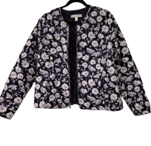 Croft & Barrow Women’s size S Navy Blue White Floral Quilted Bomber Jacket - Picture 1 of 10