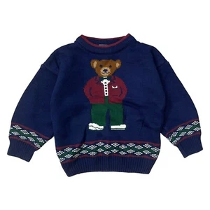 Vintage Metro Express Boys Teddy Bear Crewneck Sweater Navy Small Winter Holiday - Picture 1 of 10