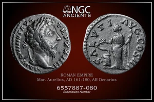 Marco Aurelio Moneta Antica NGC in perfette condizioni. AR Denarius AD 161-180. A1273 - Foto 1 di 12