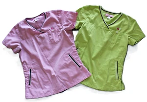 Lot Of 2 Koi by Kathy Peterson Ashley Scrub Tops Size XS Pink,Green Style 113HRT - Picture 1 of 11