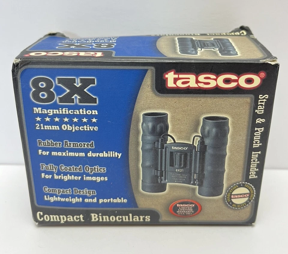Tasco 165RB 8x21mm Binoculars Black Compact Rubber Armored Folding W/ Case New - Image 1 of 4