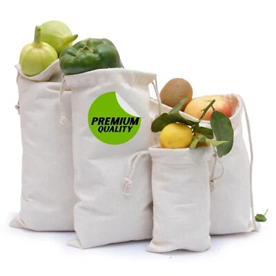 100% Cotton Reusable Produce Muslin Bags – Multipurpose Drawstring Storage Pouch - Image 1 of 4