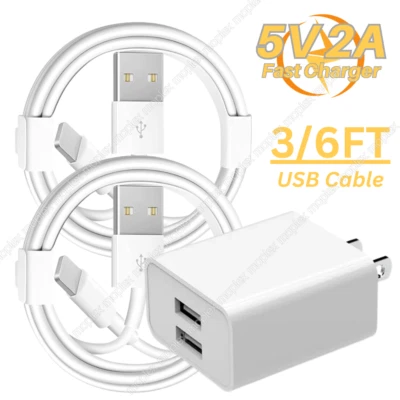 Fast Charger Dual USB 5V 2A Power Adapter For iPhone 14 13 12 11 XR 8 7 6 Cable - Image 1 of 4