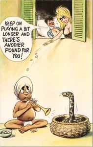 Comic PC * Risque Woman with Large Boobs Paying Indian Snake Charmer Bamforth - Picture 1 of 2