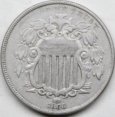 Escudo de níquel 1866, hermoso níquel original en un agradable grado superior.   Foto 1 de 2