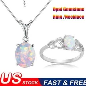 Women White Fire Opal 925 Sterling Silver Gemstone Jewelry Ring Necklace Pendant - Picture 1 of 22
