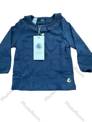 Petit Bateau NWT Navy Blue Ruffled Collar 100% Cotton Knit Long Sleeve Top-6Mos - Image 1 of 4