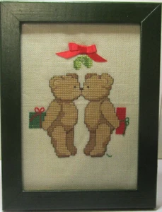 Cross Stitched Kissing Teddy Bears with Gifts - Handmade - Picture 1 of 4