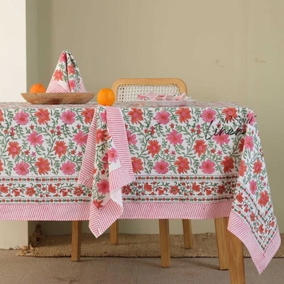 Floral Block Printed Cotton Tablecloth Home Kitchen Decor Dining Table Cover - Image 1 of 4