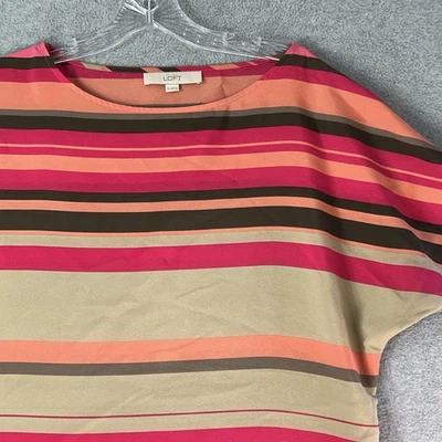 Blusa Ann Taylor LOFT Manga Gorra Top Carrera Med Rosa Naranja Tostado Rayas Foto 1 de 4