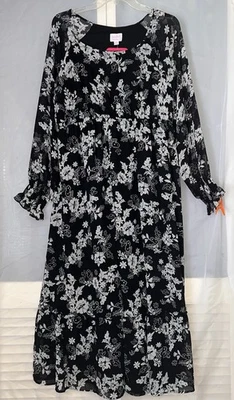 Isabel Maternity Black White Floral Maxi Dress XL Long Sleeve Whimsy Feminine - Image 1 of 4