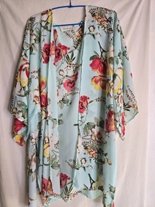 Vine & Love Kimono Chiffon türkis mintgrün korallengelb Blumen One Size - Bild 1 von 9