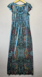 ONE WORLD Maxikleid mittelblau türkis Rüschenausschnitt dehnbar Boho Festival bunt - Bild 1 von 10