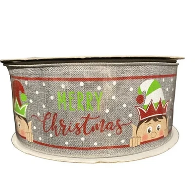 Merry Christmas Holiday Elf 100 Ft Spool Roll Ribbon Grey Wired Edge 2.5” Bow - Image 1 of 2