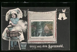 Passepartout-AK Lehde, Spreewald-Idylle auf der Wäscheleine, Mädchen mit Waschz - Picture 1 of 2