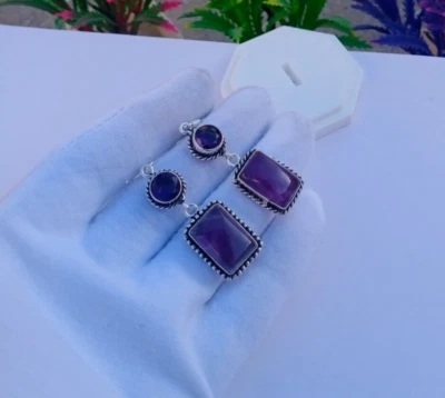 Pendiente de piedra de vidrio amatista, amatista natural | Pendiente plateado Foto 1 de 3